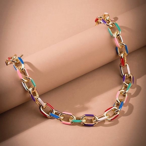 New Chunky Gold Color Block Chain Necklace - Picture 3 of 7